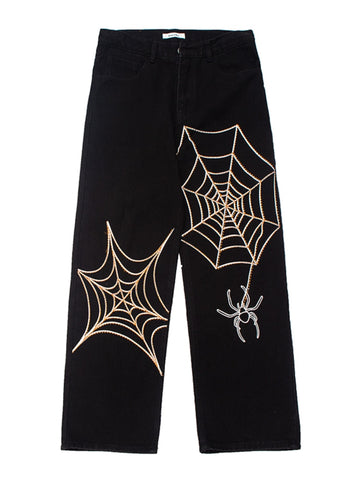 Summer Spider Web Embroidery Straight Casual Jeans Pants Men Women Vibe Style Ripped Loose Denim Trousers  New Streetwear aidase-shop